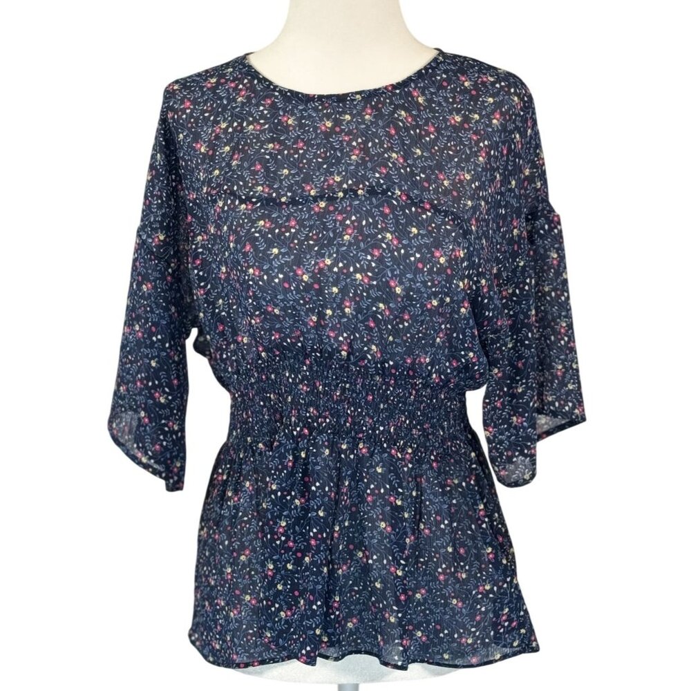Soho By Stephanie Horne Size Small Blous Womens Navy Floral Print Smocked Waist